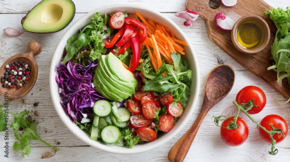 Fresh healthy salad bowl with colorful vegetables and avocado on a wooden table, bright Fresh healthy salad bowl with colorful vegetables and avocado on a wooden table, bright