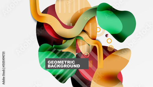 Abstract shapes overlap, creating vibrant color gradients. Modern design features geometric elements, dynamic composition.
