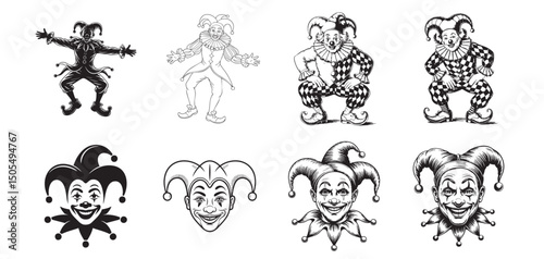 set of jester icons, clown character and mask vector, entertainment and medieval 
