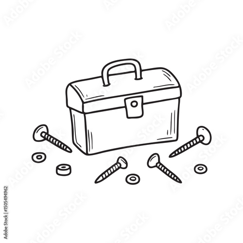 A toolbox lying near scattered nails and screws