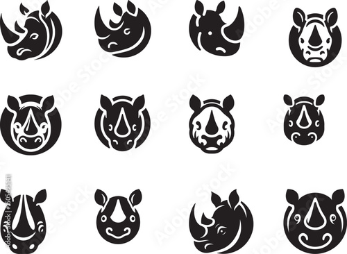 Collection of twelve rhino head icons in black and white with varying designs and orientations
