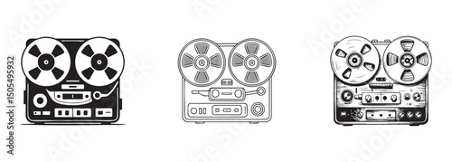 set of reel to reel tape recorder icons, vintage audio machine, retro music and sound recording
