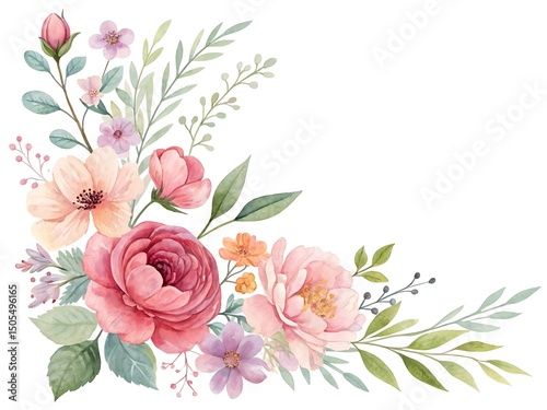 Watercolor floral arrangement with roses, blossoms, leaves and sprigs for backgrounds