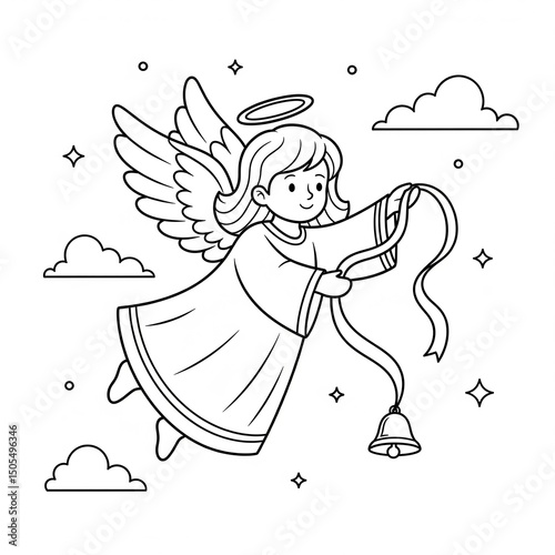 Simple black-and-white Christmas coloring page with an elegant angel, halo, wings, and minimal festive elements like stars or wreaths. Bold outlines, clean design for all ages.