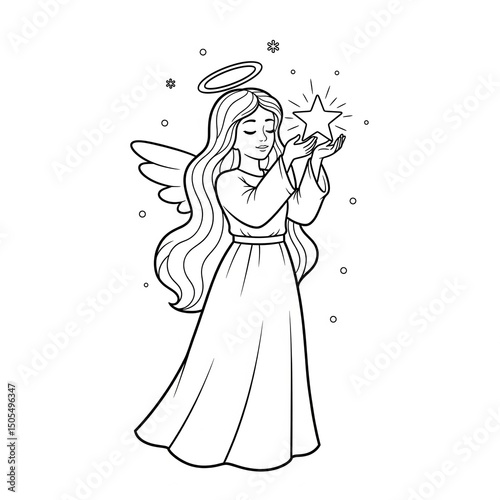 Simple black-and-white Christmas coloring page with an elegant angel, halo, wings, and minimal festive elements like stars or wreaths. Bold outlines, clean design for all ages.