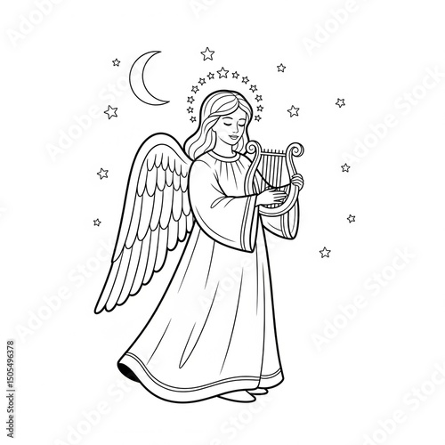 Simple black-and-white Christmas coloring page with an elegant angel, halo, wings, and minimal festive elements like stars or wreaths. Bold outlines, clean design for all ages.