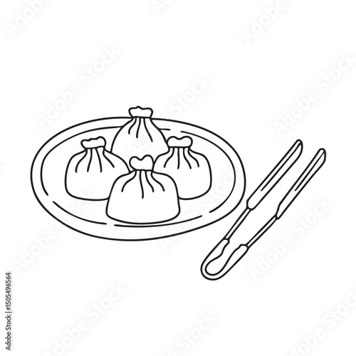 A plate of cooked dumplings with tongs on the side