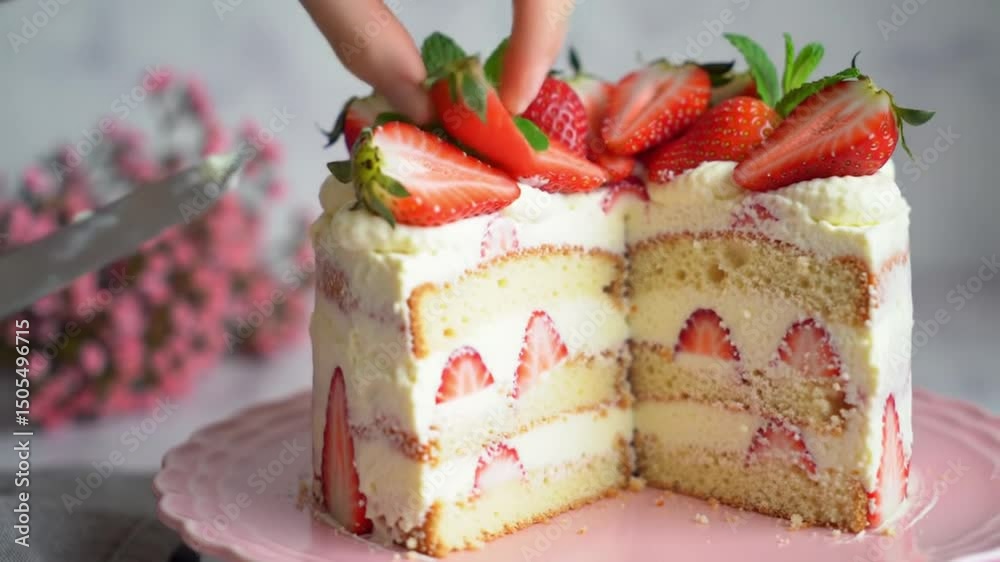  Fresh strawberry shortcake layered with whipped cream and sliced strawberries, decorative fruit cake dessert on white background, homemade bakery style celebration sweet treat