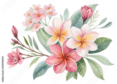 Watercolor Illustration of a Bouquet of Pink and White Tropical Flowers