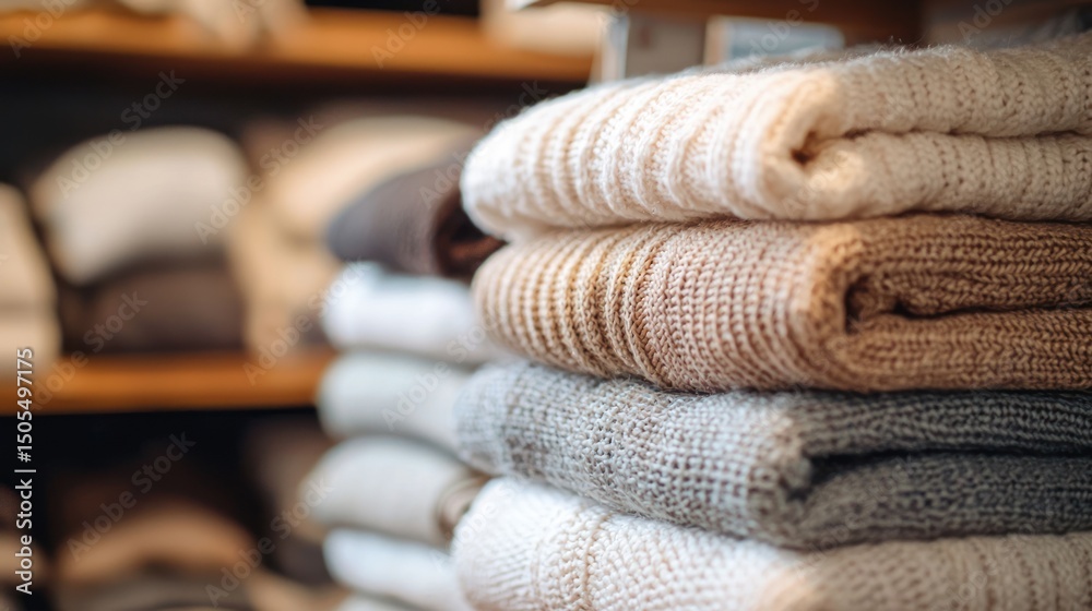 Folded clothes on retail shelf, bright lighting Folded clothes on retail shelf, bright lighting