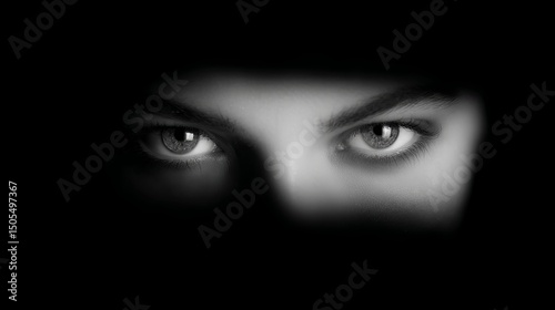 Mysterious Eyes Peeking Through Shadows - Black and White Image