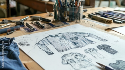 Hand-drawn t-shirt design sketch on a design board