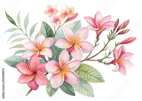 Watercolor Painting of Pink and Peach Frangipani Flowers with Green Leaves