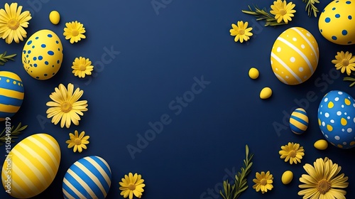 Colorful easter eggs and flowers arranged on a navy blue background.