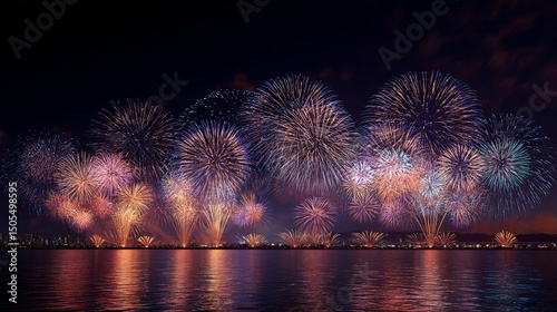 Nighttime Fireworks Display over Lake Biwa