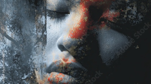 Abstract Portrait of Woman with Red Paint - Schizophrenia Art