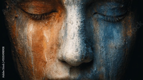 Abstract Blue and Orange Painted Face Close Up
