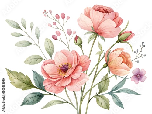 Elegant Watercolor Painting of Pink Flowers and Green Leaves on White Background