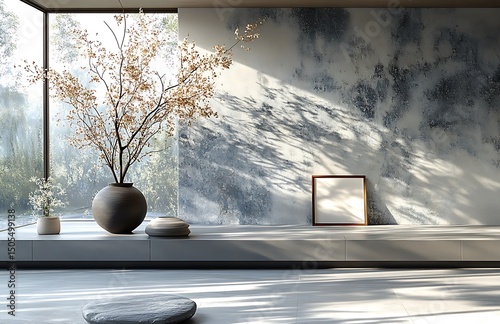 Minimalist room mockup with flowering tree and large window

 photo
