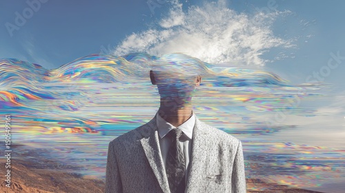 Businessman in Suit Standing in Front of Colorful Cloud