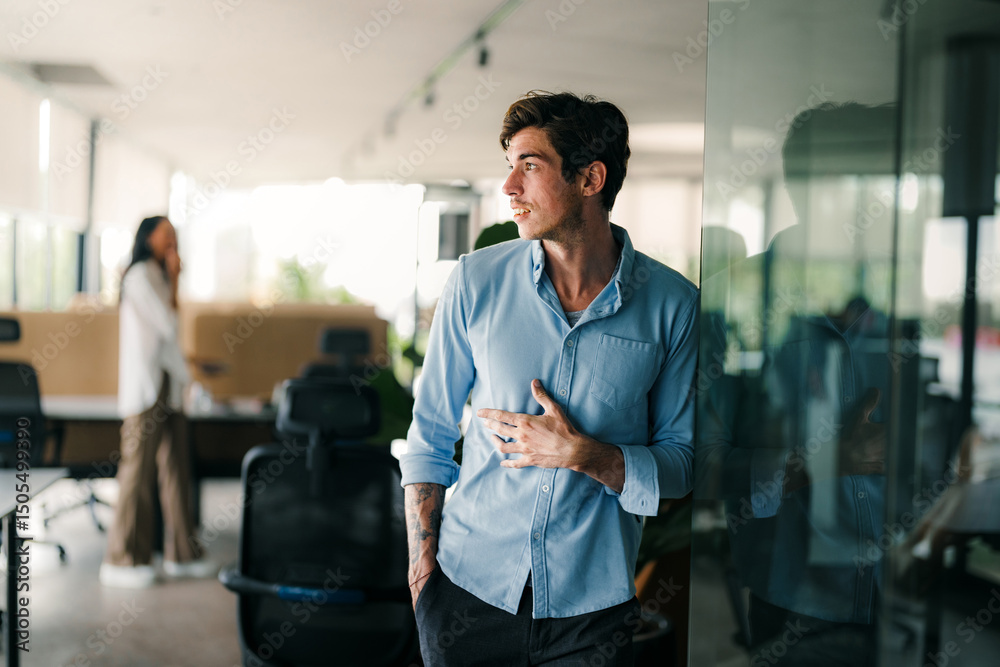 Fototapeta premium Young male startup ceo leader business man, success people standing in office.
