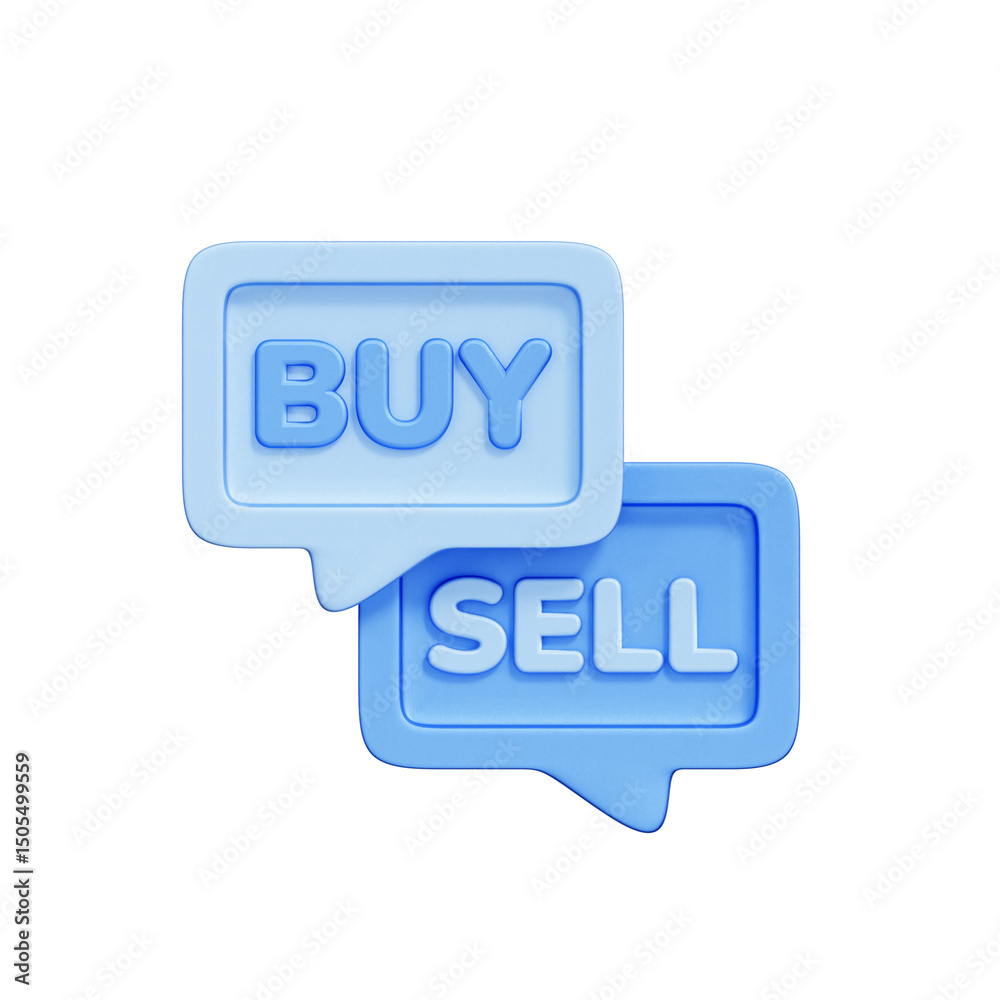 3D icon of buy and sell text bubbles, representing trading signals, stock market entry and exit points, and investment decision communication. 3D icon of buy and sell text bubbles, representing trading signals, stock market entry and exit points, and investment decision communication.