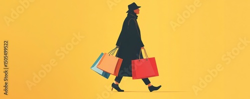 Stylish person walking with multiple shopping bags in hand.