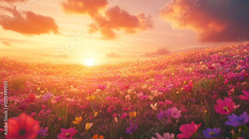 Field of wildflowers swaying in the wind under a dramatic golden-hour sky