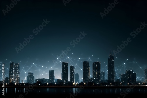 Minimalist Smart City Skyline at Night with Connected IoT Lights, Urban Technology Integration, Sustainable Infrastructure, Evergreen Innovation, Futuristic Cityscape, Digital Connectivity