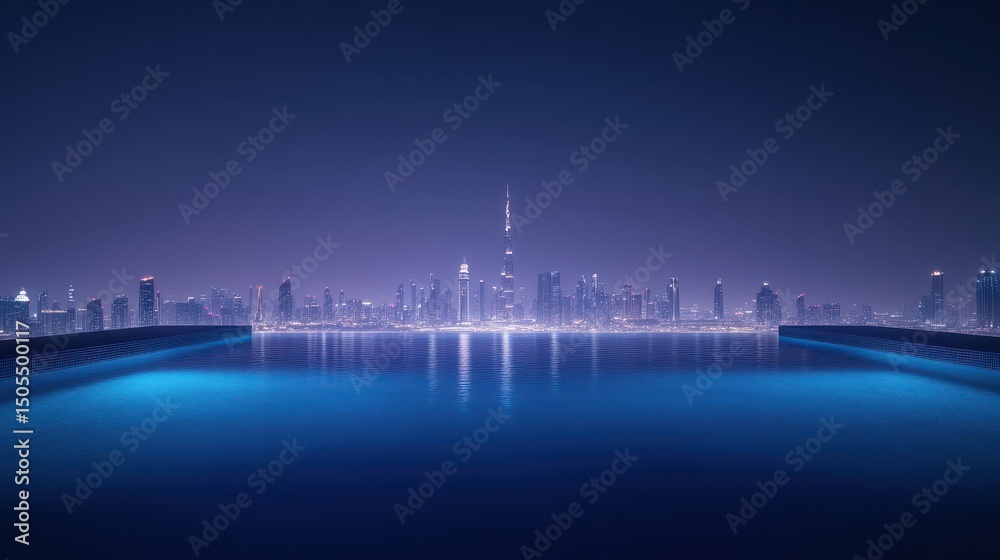Fototapeta premium Luxury night cityscape with infinity pool and skyline view