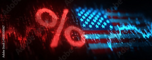 A digital graphic with a percent symbols in red next to an American flag, depicting data or economic trends or tariffs.