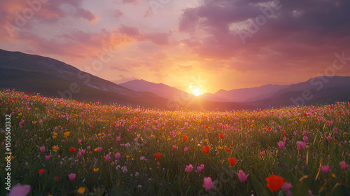 Field of wildflowers swaying in the wind under a dramatic golden-hour sky