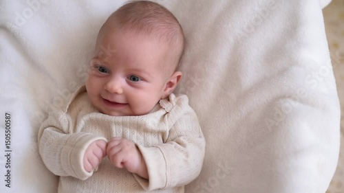 Smiling baby with blue eyes in white overalls lies on back smile to camera. First year of life and hygiene of child. Newborn - happiness for family. New worries and style life.