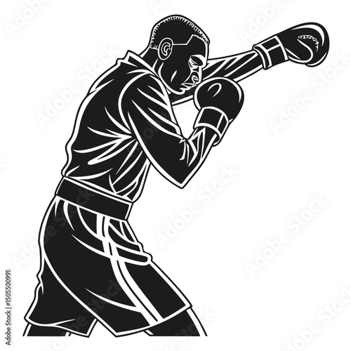 Black Silhouette Of A Boxer Blocking With Gloves