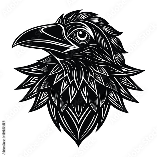 black and white filled tattoo vector of a raven head.