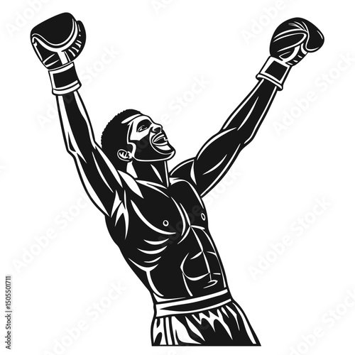 Black Silhouette Of A Boxer Raising Both Hands In Victory