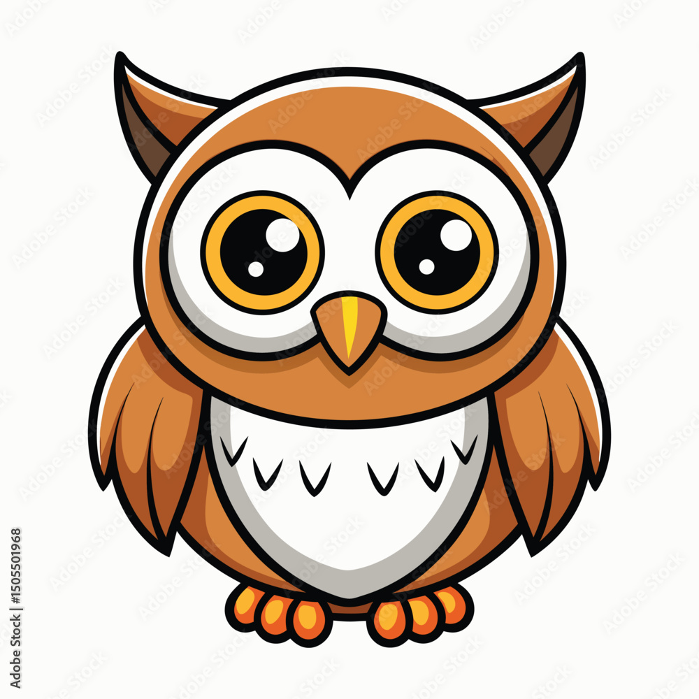 Fototapeta premium Funny cute cartoon brown owl character illustration with big eyes and wild feather wing design