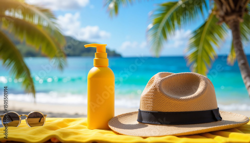 Straw hat, sunscreen and sunglasses on yellow towel on tropical beach with palm trees