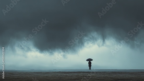 Lonely Figure in Field under Dark Sky