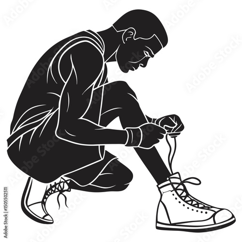 Black Silhouette Of A Boxer Tying Shoelaces