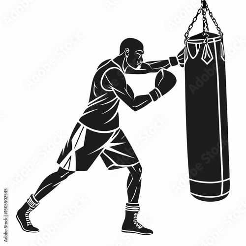 Black Silhouette Of A Boxer Training Alone In Gym