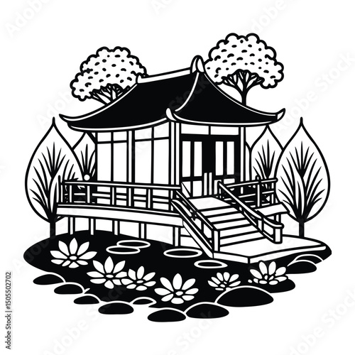 Japanese tea house by a koi pond with arched wooed.