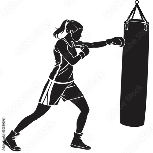 Black Silhouette Of A Female Boxer Punching A Heavy Bag