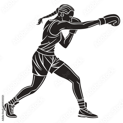 Black Silhouette Of A Female Boxer Stretching Before Match