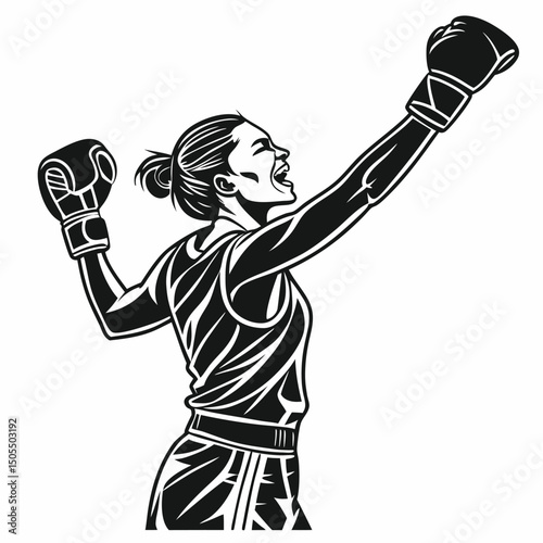 Black Silhouette Of A Female Boxer With Arms Raised