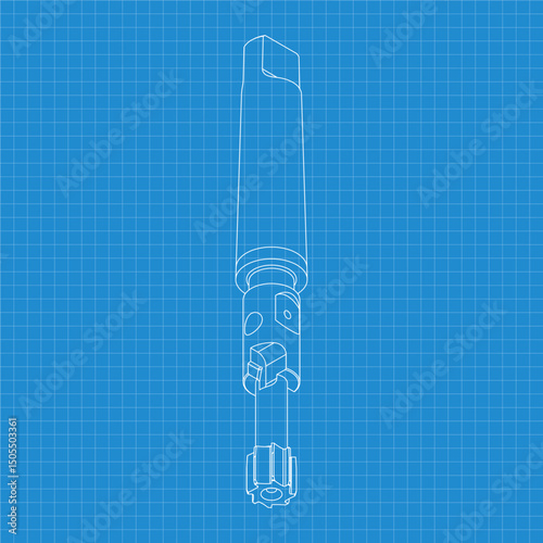 Mechanical engineering drawings. Tap tools, borer. Technical Design. Cover. Blueprint. Step Cutting Tool with Countersinking Function. Technical 3D Vector Illustration