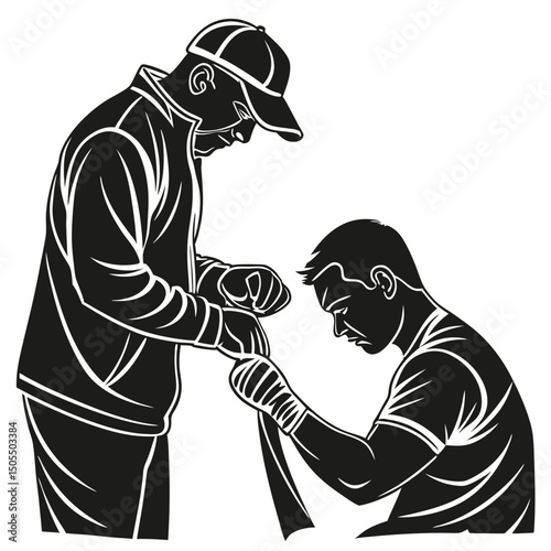 Black Silhouette Of A Trainer Wrapping Boxers Hands