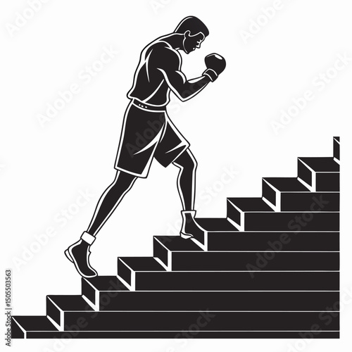 Black Silhouette Of Boxer Climbing Stairs