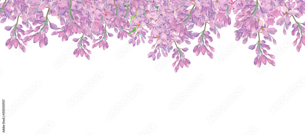 Lilac watercolor flowers sprigs. Template with copy space. Spring syringa frame, border isolated on white. Purple blossom of summertime. Botanical floral background. Clipart for design. Lilac watercolor flowers sprigs. Template with copy space. Spring syringa frame, border isolated on white. Purple blossom of summertime. Botanical floral background. Clipart for design.