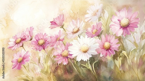 Watercolor illustration of whimsical aster blossoms in pink and white, beautifully arranged in a natural setting.